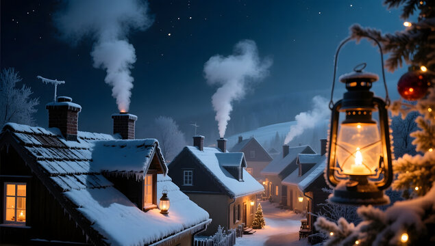 Frost covered village rooftops with smoke rising glowing lanterns cinematic Christmas night scene.
