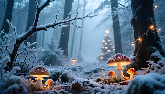 Frosted forest clearing with glowing mushrooms snow on branches cinematic Christmas fantasy scene.
