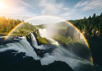 Panoramic waterfall with double rainbow mist forested cliffs and soft sunlight atmosphere