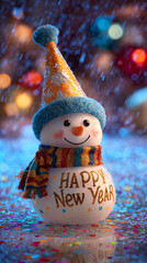 Snowman smiling with happy new year text.