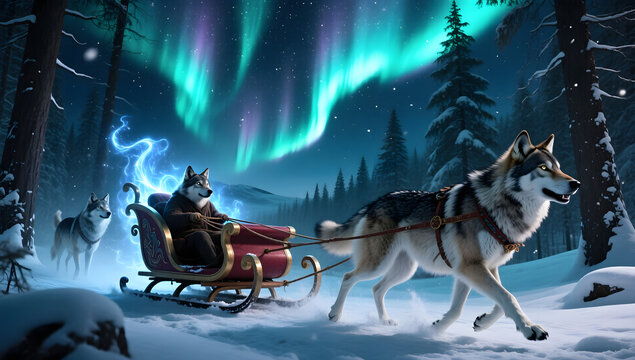 Magical wolves pulling a sleigh through a snowy forest aurora borealis above cinematic highly detailed. - Powered by Adobe
