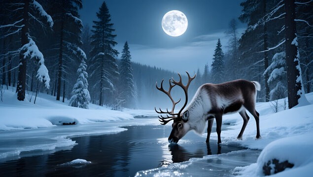 Reindeer drinking from a frozen river under a full moon snow covered forest around cinematic magical realism.