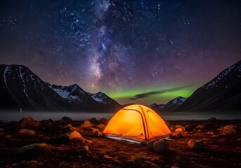 Orange illuminated tent under milky way and aurora above mountain lake at night