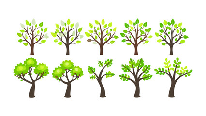 Obraz premium Diverse Tree Set in Spring: A collection of various trees in full bloom, showcasing the beauty of spring and the different shapes and sizes of trees. 