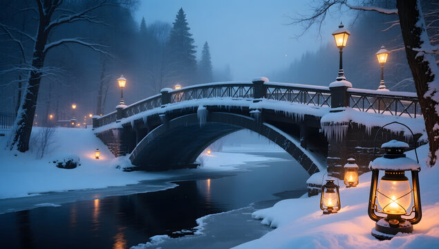Snow covered bridge over a frozen river glowing lanterns cinematic winter evening magical realism style. - Powered by Adobe