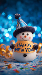 Snowman under colorful confetti and festive background.