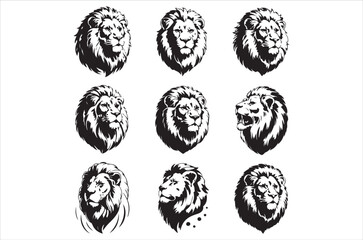 Nine black and white sketches depicting majestic lion heads in varied poses