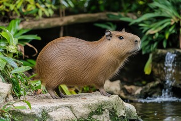 Capybara wild anima at lake of water river in the forest stand at river.