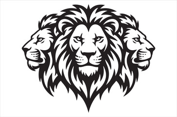 Three majestic lion heads rendered in a striking black and white graphic style