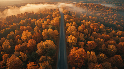 Golden Autumn Road – Warm Sunset Forest Background