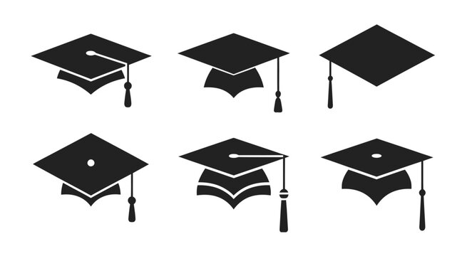 Set of six black graduation mortarboard caps vector illustration for academic achievement design vector