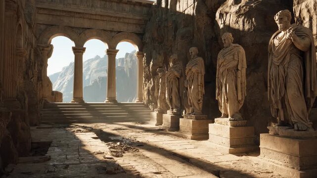 Ancient stone hall with marble statues and columns illuminated by warm sunlight among mountain ruins
