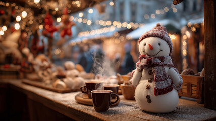 New year excitement. Snowman near gift stands at cheerful winter market.