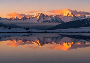 Snowcapped mountain range at sunrise with warm alpenglow reflection in calm alpine lake