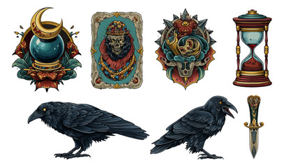 Obraz premium Old School Tattoo Style Illustration Collection with Ravens and Mystical Objects