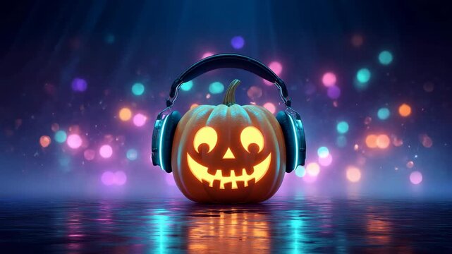 Halloween pumpkin jack o lantern wearing headphones with glowing lights and colorful bokeh festive background