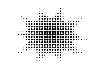 Black halftone comic burst shape isolated on transparent background, retro pop art explosion design for poster, sticker, and graphic overlay decoration