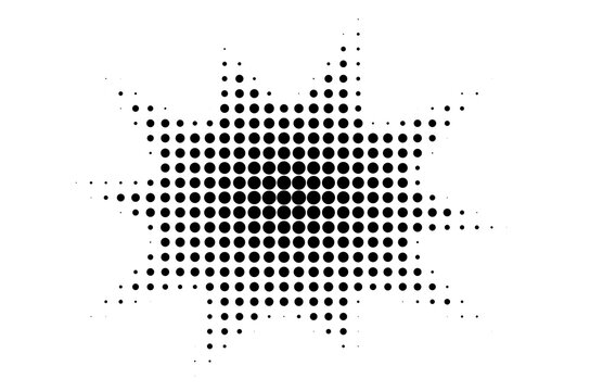 Black halftone comic burst shape isolated on transparent background, retro pop art explosion design for poster, sticker, and graphic overlay decoration - Powered by Adobe