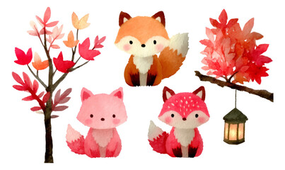 Fototapeta premium Playful Watercolor Foxes and Autumn Leaves Collection with Lantern Design