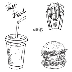 Hand drawn fast food hamburger, french fries in paper box, soda with straw. Fast food lunch concept. Fast food menu design. Vector sketch illustration in vintage charcoal ink style