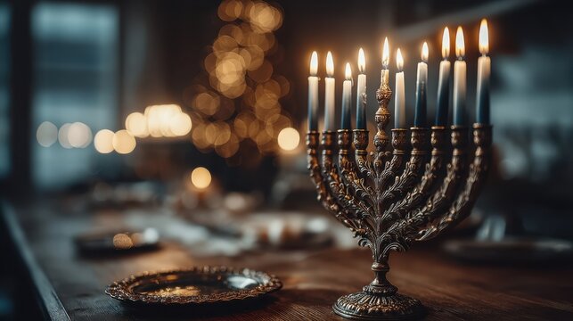 A beautifully lit menorah stands on a table, surrounded by a warm, festive ambiance, showcasing the spirit of celebration.