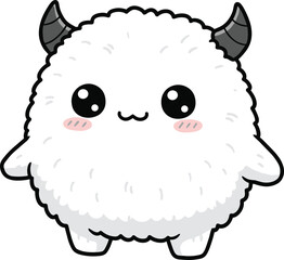 Cute fluffy cartoon monster character illustration, kawaii chibi creature with horns, adorable mascot art, isolated vector design for kids products