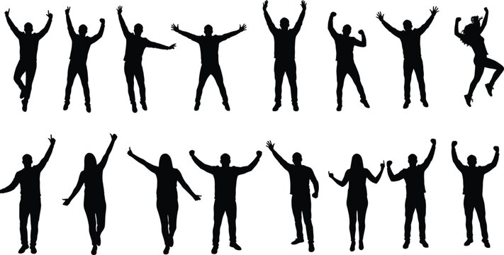 Happy people silhouettes jumping and celebrating, joyful crowd illustration, teamwork success concept, freedom and victory vector art design for motivation