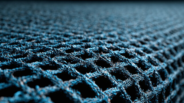 An abstract view of a blue net. The woven structure is intricate and detailed, creating a textured surface