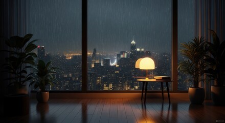Cozy apartment overlooking a rainy cityscape at night