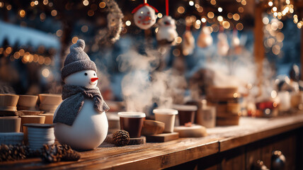 Festive joy. Snowman surrounded by handmade gifts and colorful lights.