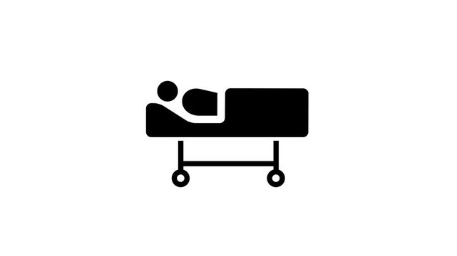hospital trolley icon . hospital icon, person in bed and medical cross transporting a patient inside a hospital, black on white background .