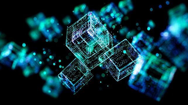 Vibrant blue and teal cubes connected in a dynamic digital network, symbolizing data, technology, communication, connection, innovation, cyberspace, information flow and modern tech structure