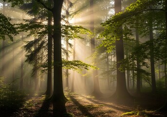 Sunlight streaming through misty forest canopy creating dramatic rays and shadow patterns