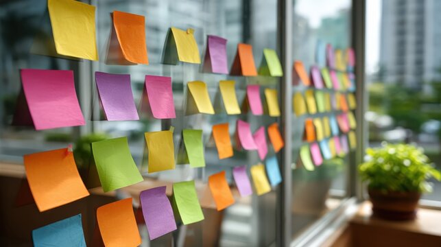 A vibrant collection of sticky notes in various colors displayed on a glass surface, creating an organized and creative workspace atmosphere.
