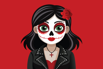 Woman with Calavera Face Paint and Red Rose day of the dead