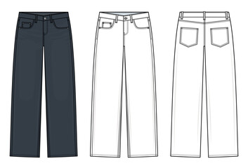 Y2K Retro Low-Waist Jeans Technical Fashion Illustration. Women&rsquo;s Denim Pants Vector Template. Front and Back View. Straight-Leg Fit. Five-Pocket Design. Vintage 2000s Style. CAD Mockup Set.