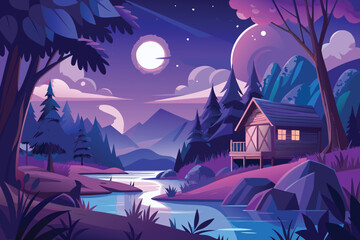 Wooden cabin by river under purple night sky wooden house