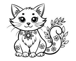 Black and white line art kitten with floral accents