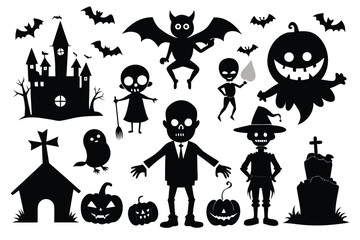 Black Halloween Silhouettes of Haunted Castle Bats Pumpkins and Monsters