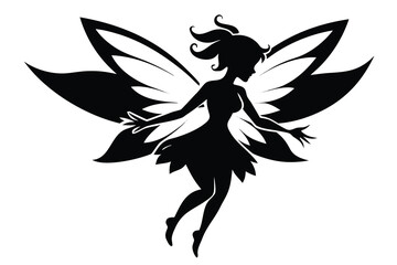 Black silhouette of a fairy with large wings white