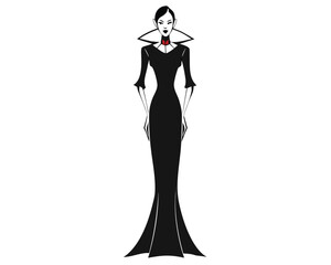 Black silhouette of a woman in a long dress with a high collar