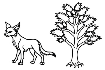 Black outline of a fox standing next to a stylized tree