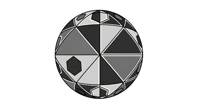 A grayscale sphere with a complex geometric pattern of triangles and hexagons on a white background.