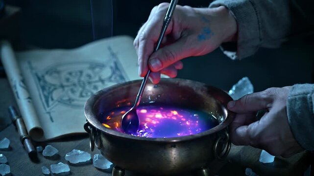 St. Patrick's Day Mystical alchemy: stirring enchanted potion with magical symbols in a copper cauldron