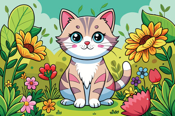 Cartoon kitten sitting in a colorful flower garden