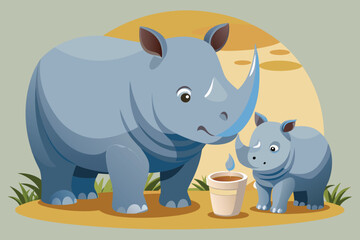 Cartoon mother and baby rhino near cup of water rhinoceros