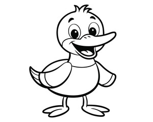 Cartoon outline of a smiling duck standing black and white