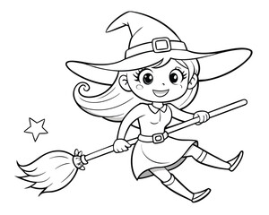 Cartoon witch flying on broomstick with star black and white