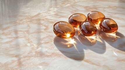 Elegant display of fish oil softgels on a marble surface illuminated by sunlight, casting beautiful shadows in high resolution