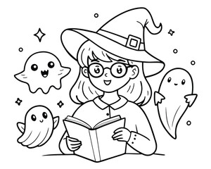 Cartoon witch reading a spellbook with cute ghosts